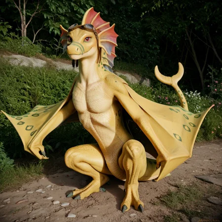 score_9, score_8_up, score_7_up, score_6_up, masterpiece, high quality, realistic, detailed, best quality, 1girl, solo, rating_safe, source_furry, outdoors, flyiny, smiling, looking at viewer, spread wings, Adine_awsw, wyvern, green stripes on snout, head fins, crescent shaped tail tip, green spots on scales, green spots on wings, yellow scales, scales, wings, tail, female, red eyes, feral, goggles, goggles on head, full body, detailed eyes