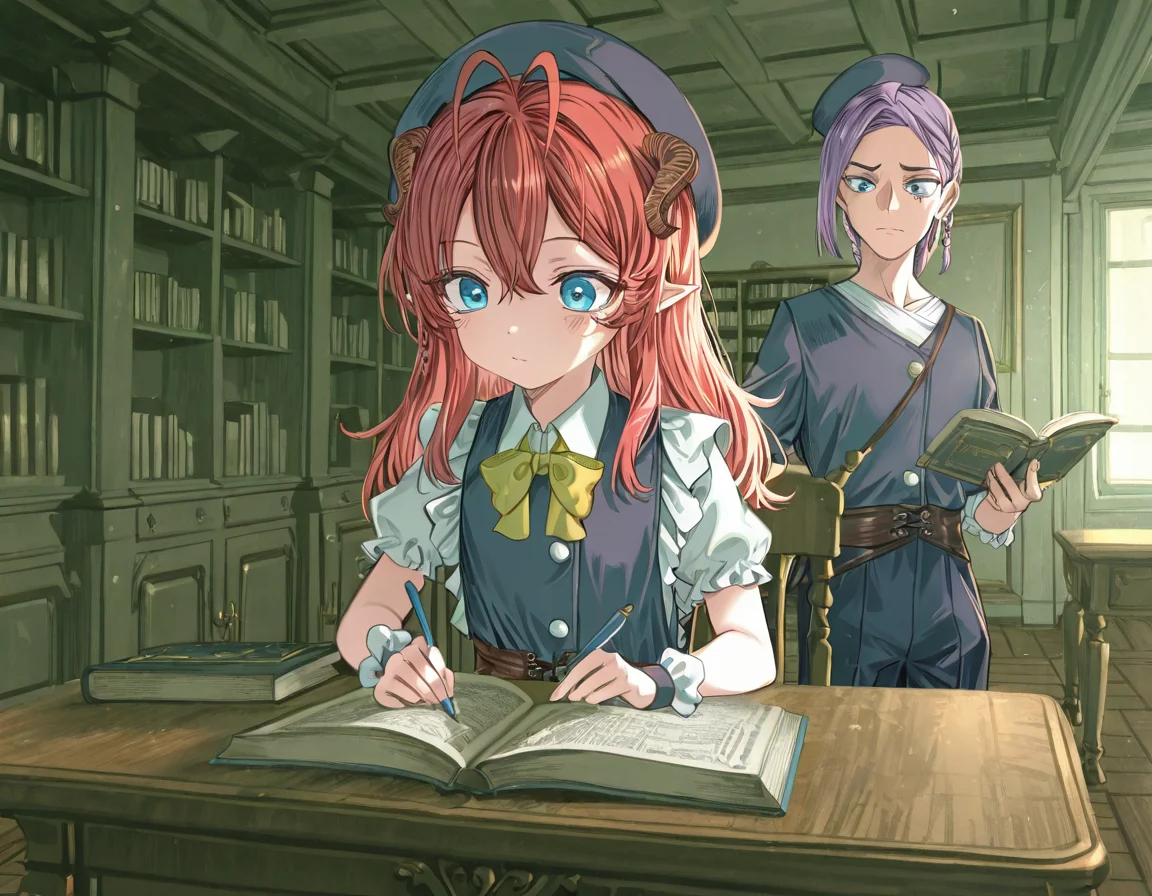 masterpiece, amazing quality, high resolution, 4ldehyde, 2 people, aged down, flat chest, 1 girl, Rub3rry, long hair, double ahoge, braid,red hair, blue eyes, devil horns, , magic school uniform, 1 man, V41n, 1 man, tattoo under eye, purple hair, crest tattoo, braid, hat, aristocrat uniform, desk, open books, girl studying, man standing at side, pointing at book