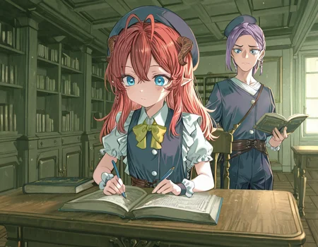 masterpiece, amazing quality, high resolution, 4ldehyde, 2 people, aged down, flat chest, 1 girl, Rub3rry, long hair, double ahoge, braid,red hair, blue eyes, devil horns, , magic school uniform, 1 man, V41n, 1 man, tattoo under eye, purple hair, crest tattoo, braid, hat, aristocrat uniform, desk, open books, girl studying, man standing at side, pointing at book