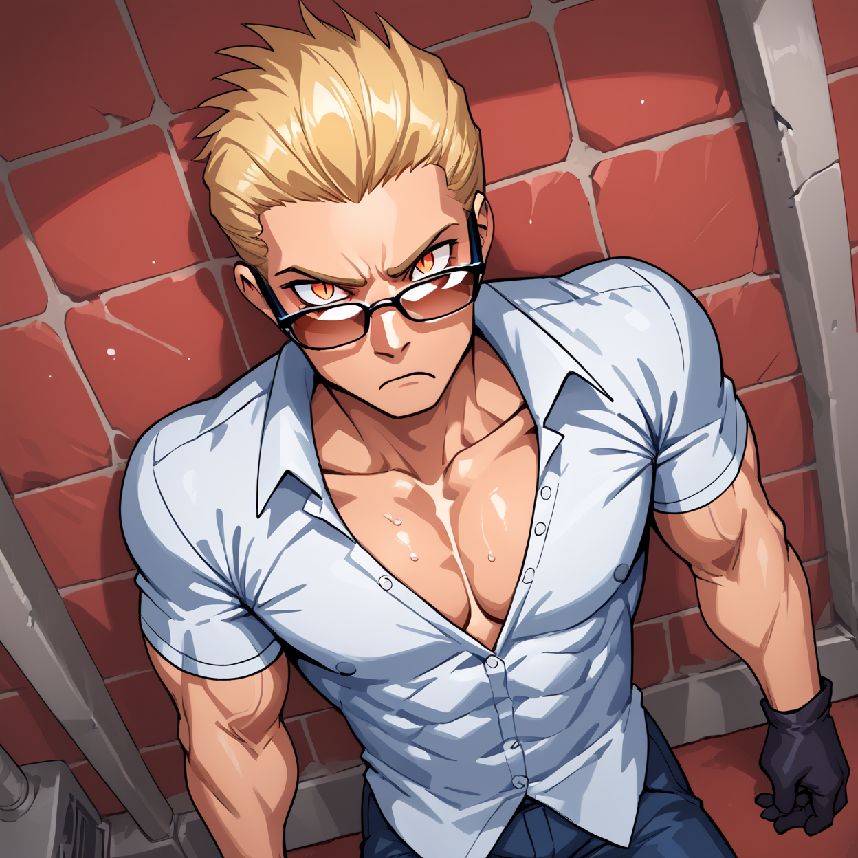 PonyScores7, source_anime, ah1, best quality, (masterpiece:1.4), (high quality:1.4), sharp focus, 4k, absurd resolution, <lora:albertwesker-guy-PONYv1:0.8> albertwesker, albert wesker, 1boy, blonde, black gloves, sunglasses, looking at viewer, toned, athletic, fit, slicked back hair, mature male, (A misty swamp with murky waters and eerie sounds), bad-hands-5, ((disgust face expression expression)), <lora:xl_more_art-full_v1:0.2>, <lora:shinyskin2:0.2> glistening skin, <lora:aesthetic_anime_v1s:0.2>, <lora:Expressive_H:0.2> Expressiveh, <lora:hairdetailpxl:0.2> hairdetailpxl, <lora:detailxl:0.2> detailxl, (Dutch Angle view medium Close shot (focus on chest)), (Undershirt), (focused, intense glare), slit pupils, short hair, (reddish orange eyes), best quality, amazing quality, best aesthetic, absurdres, <lora:expressive eyes:0.2> expressive eyes, <lora:eyedetailpxl:0.2> eyedetailpxl, illustration, Volumetric_Lighting, ultra-detailed, very aesthetic, intricate details, 8k, masterpiece, best_quality, (angular face, sharp_featured face), (vicious hunter, relentless with a cold stare and a set of manacles)