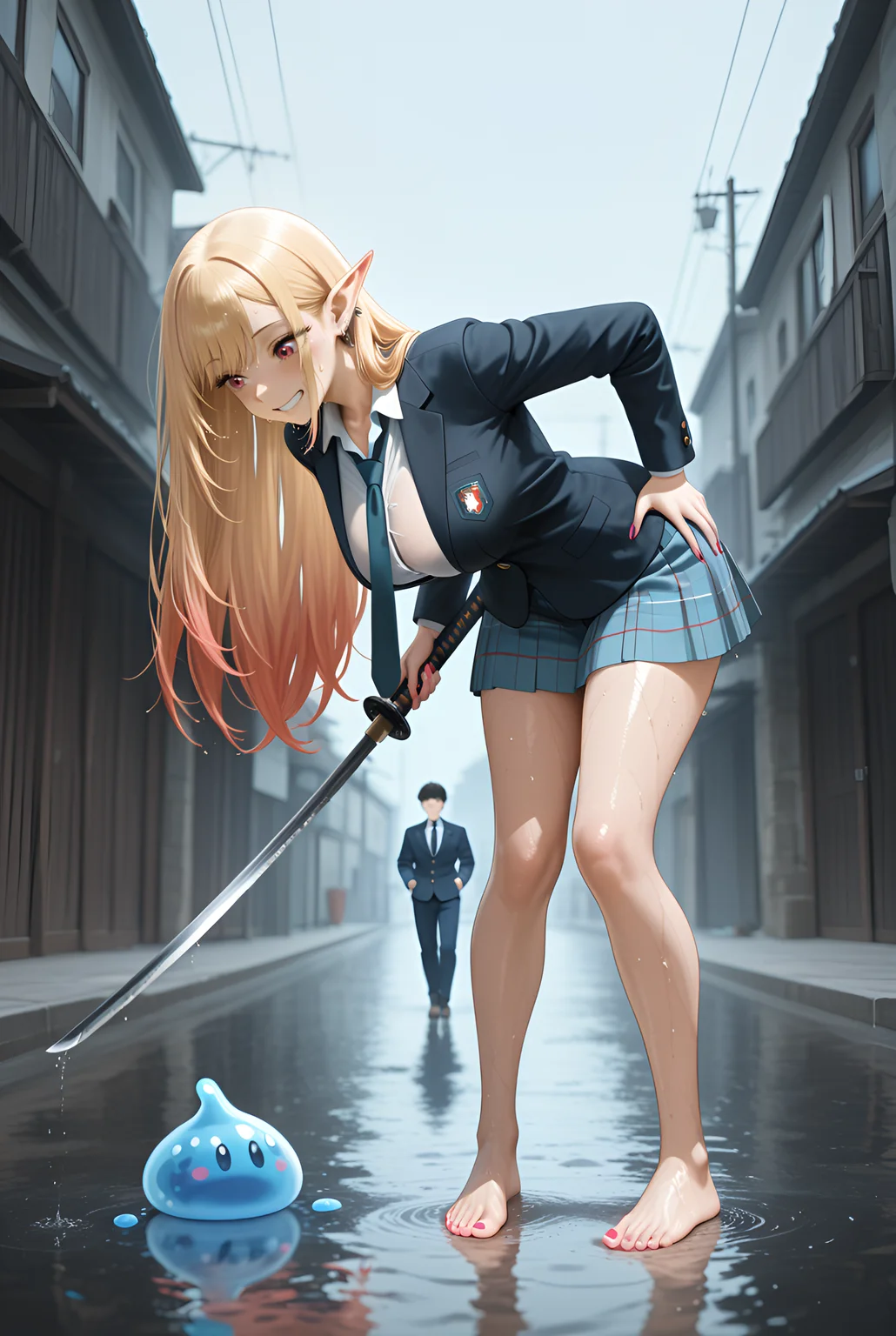 elf, depth of field, absurdres, very long hair, Black Theme, leaning_forward - Bending at the hips, fitted_blazer, 1girl, mid-swing, RTX, long_nails, tie, hanging breasts, torso angled forward, Wet castle ramparts overlooking a stormy sea., masterpiece, ephemeral, Marin Kitagawa, ultra-detailed, Two-tone hair, skirt, motion_lines:1.1, amazing quality, motion_blur:1.1, ambient occlusion, ray_tracing, 2boys, dark skin, barefoot, absolutely eye-catching, korean_school_uniform, wielding a katana, best quality, slime_(creature), BREAK, newest, standing, perhaps looking closely at something, Artfully tousled, anime character, very aesthetic, Full body shot, BREAK, nail_polish, Aerial Perspective / Atmospheric Haze, 8K, slime_(creature), large breasts