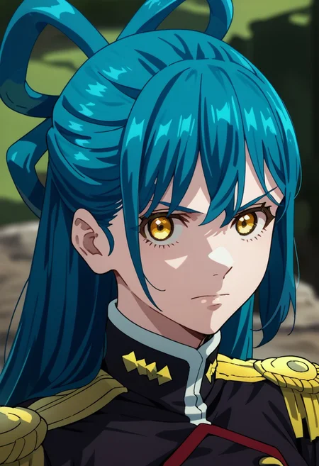 score_9,score_8_up,score_7_up,source_anime,HIMARI_AZUMA,1girl,solo,long hair,looking at viewer,closed mouth,blue hair,jacket,yellow eyes,black jacket,uniform,military,military uniform,parody,portrait,hair rings,epaulettes,straight-on,hair behind ear,