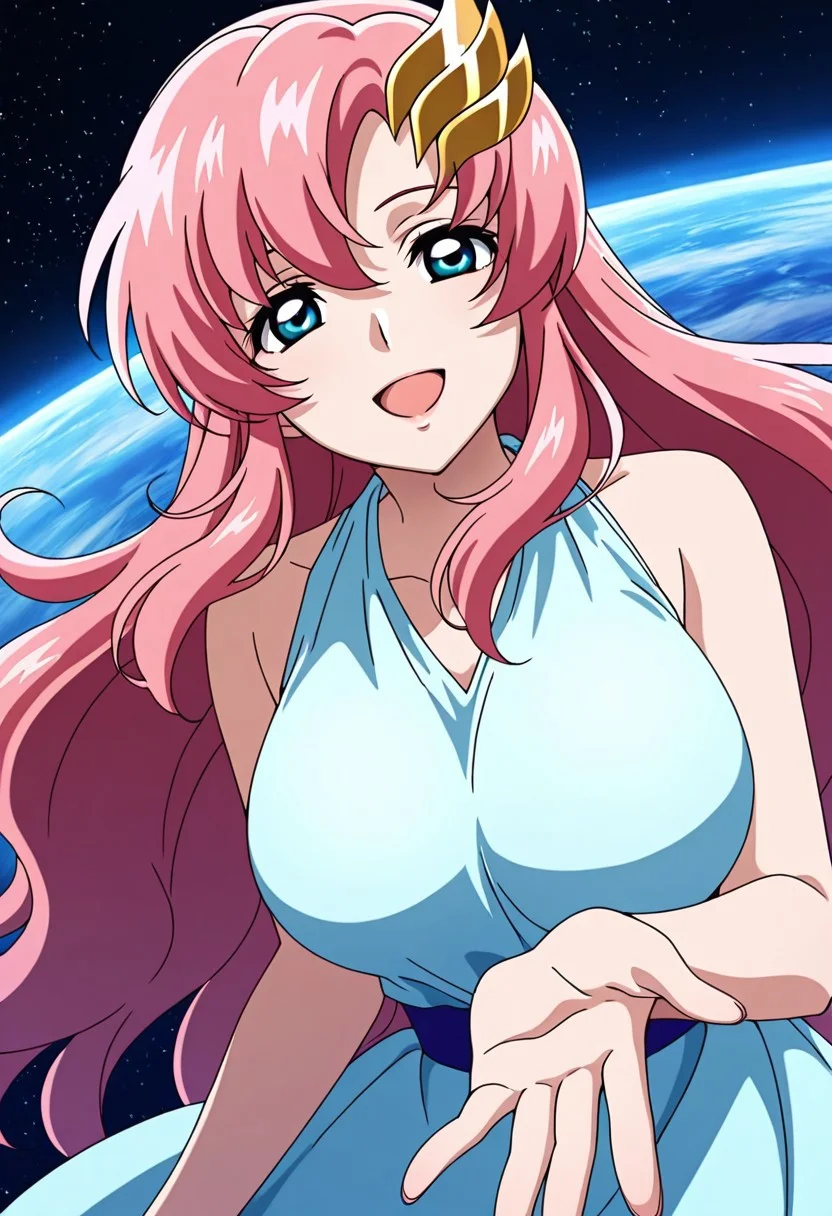 general,highres, ultra-detailed,very aesthetic,best quality ,best hands,best eyes,easynegative,
dynamic anglre, dutch angle, anime cloring,anime screencap,
1girl solo,looking at viewer,space ship,smile,open mouth,
Lacus Clyne,pink hair,long hair,hair ornament,blue eyes,huge breasts,bare shoulders dress,