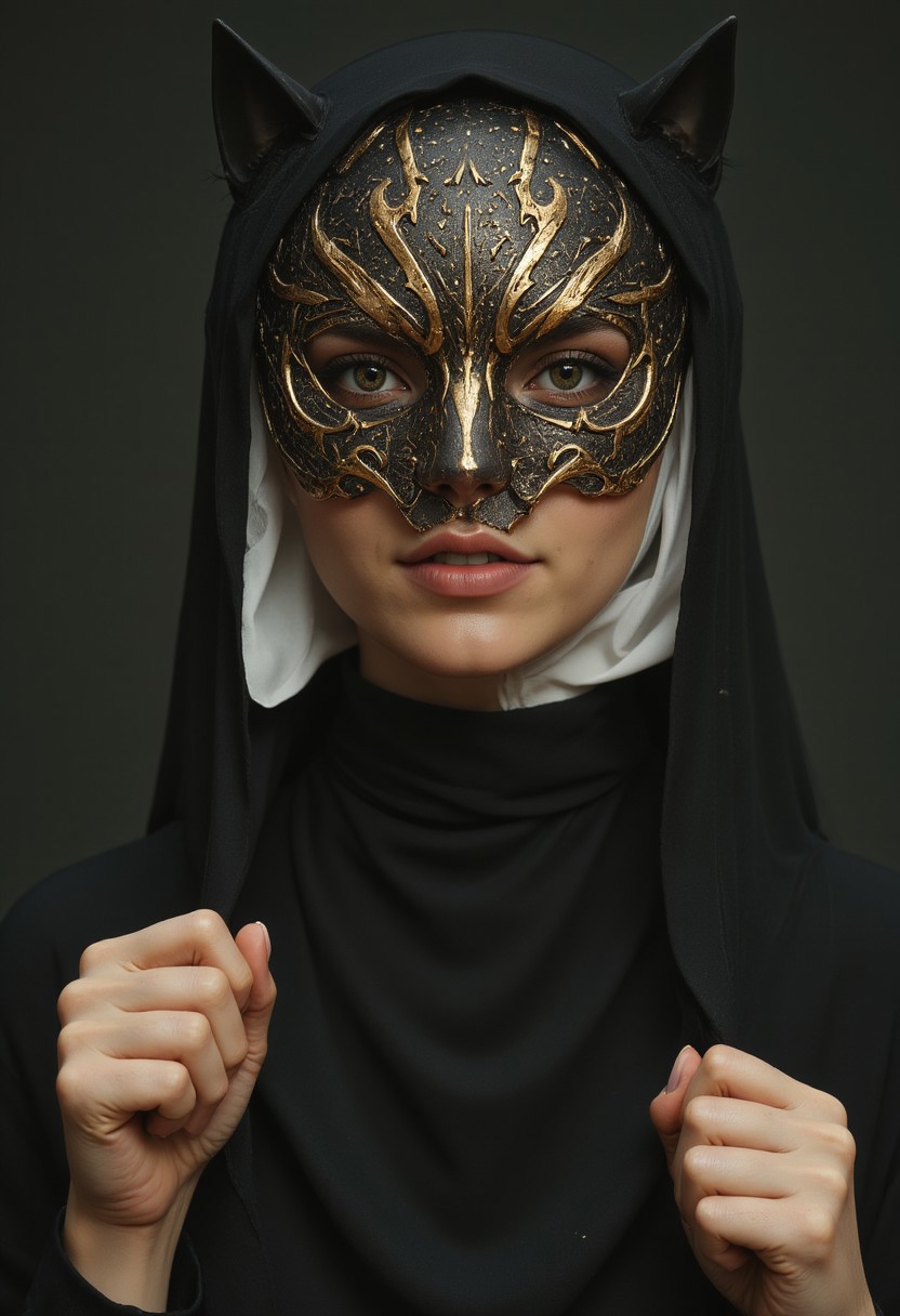 S1n0z1ck style, extreme Closeup of a beautiful nun in a traditional nun’s habit, but wearing a old egypt iron mask. The mask shows intricate, Sci-fi details with sharp edges and deep relief. The lighting is cinematic, casting deep shadows on her face, emphasizing the dark nature of the mask. Hyperrealistic extreme closeup, capturing every fine detail with insane clarity, shot with a 64 megapixel DSLR in a vintage atmosphere. Detailed skin, detailed photorealistic eyes, volumetric lighting, cat-pose, both of her hands are raised in front of her face, clenched into fists, adding a dynamic edge to her posture. Standing amidst a Desert storm in the Heat of the dunes, floating particles, photorealistic, atmospheric lighting, volumetric Sand Clouds,