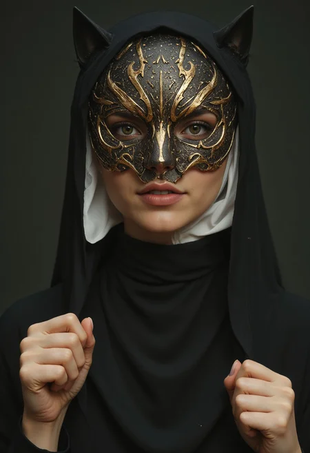 S1n0z1ck style, extreme Closeup of a beautiful nun in a traditional nun’s habit, but wearing a old egypt iron mask. The mask shows intricate, Sci-fi details with sharp edges and deep relief. The lighting is cinematic, casting deep shadows on her face, emphasizing the dark nature of the mask. Hyperrealistic extreme closeup, capturing every fine detail with insane clarity, shot with a 64 megapixel DSLR in a vintage atmosphere. Detailed skin, detailed photorealistic eyes, volumetric lighting, cat-pose, both of her hands are raised in front of her face, clenched into fists, adding a dynamic edge to her posture. Standing amidst a Desert storm in the Heat of the dunes, floating particles, photorealistic, atmospheric lighting, volumetric Sand Clouds,