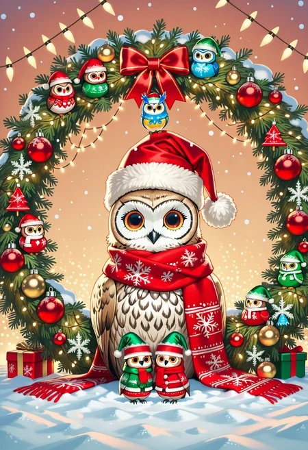 Animal Christmas, masterpiece, best quality, Owls, Christmas elves, green and red hats, festive scarves, tiny presents, snow-covered branches, Santaâs workshop, fairy lights, Christmas decorations, magical setting, whimsical mood, helping Santa, playful expression, holiday spirit, cozy ambiance