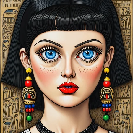 <lora:Neo-Folk_VisionarySDXL:1> ArsMJStyle, Neo-Folk Visionary, The image is a portrait of a woman's face with a black and white color scheme. The woman has a serious expression with blue eyes and red lipstick. Her hair is styled in a bob with bangs and she is wearing a pair of large dangling earrings with colorful beads. The background is filled with intricate patterns and designs in various colors including red yellow green and blue. The overall style of the image is reminiscent of ancient Egyptian art., solo, 1girl, black hair, blue eyes, earrings, jewelry, portrait, red lips, makeup, long hair
