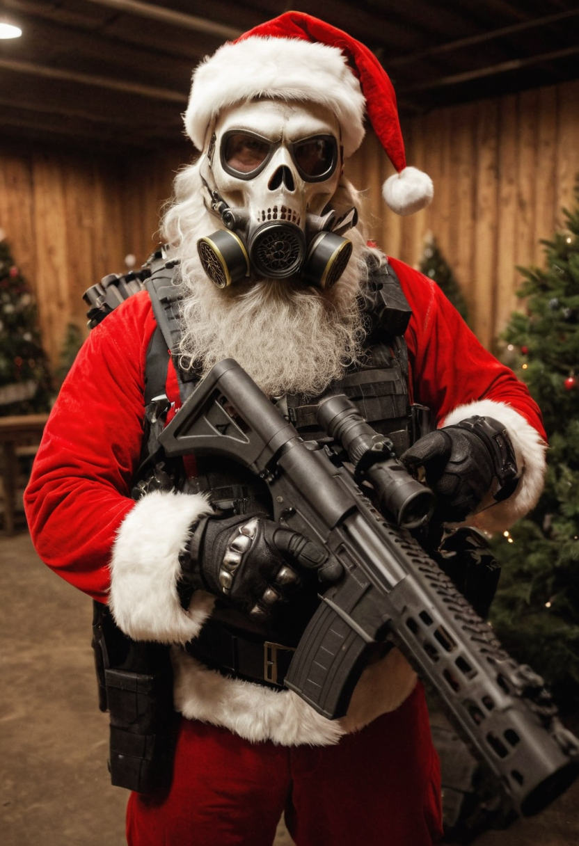 cinematic still D34THSQU4D, santa wearing christmas tactical gear, skull gas mask, armor, holding weapon, christmas, action, white long beard, at santa factory . emotional, harmonious, vignette, 4k epic detailed, shot on kodak, 35mm photo, sharp focus, high budget, cinemascope, moody, epic, gorgeous, film grain, grainy, D34THSQU4D, santa wearing christmas tactical gear, skull gas mask, armor, holding weapon, christmas, action, white long beard, at santa factory, cinematic, highly detailed, sharp focus, dramatic ambient light, beautiful background, full color, atmosphere, perfect composition, dynamic, vibrant colors, calm, cute, coherent, intricate