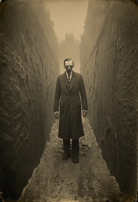 antique photo, eerie atmosphere, creepy, descent into madness, cthulhu mythos, nameless ones, horror, lovecraft, <lora:Antique_Photo:1>