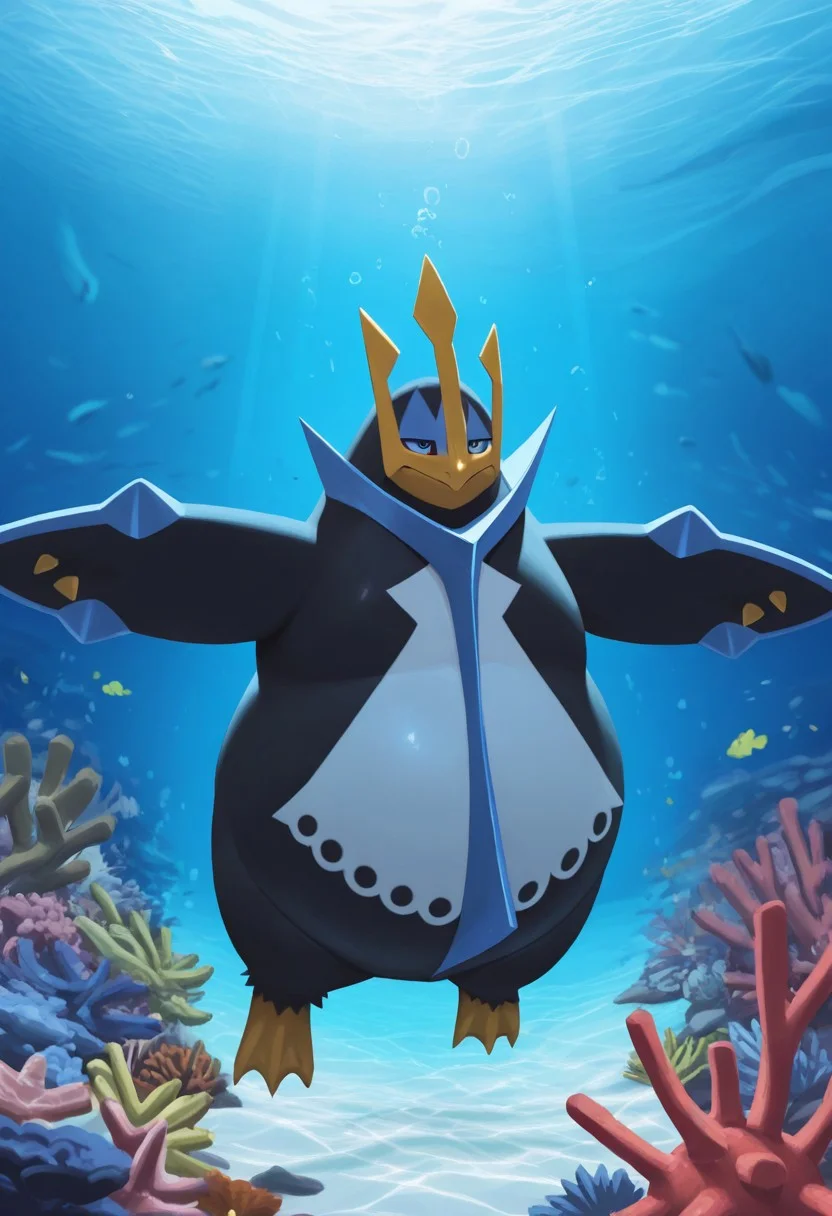 very detailed, highly detailed face, perfect face, perfect eyes, depth of field, perfect soft lighting, best shadows, perfect reflections, volumetric, detailed image,Detailed eyes,score_9, score_8_up, score_7_up,1boy,solo((Empoleon,pokemon,penguin-like, dark blue body, light blue accents, white chest, yellow crown-like horn, metallic flippers, sharp eyes, small beak, webbed feet, short tail, black markings,,)) ,,seductive, masterpiece, best quality, amazing quality, depth of field, perfect soft lighting, best shadows, perfect reflections,, thick thigh,blushing, dynamic, immersive, perfect reflections, volumetric, detailed image, high resolution, muscular, strong chest, masterpiece, detailed face, Expressiveh,belly,,barefoot, swimming underwater, spread arms, looking up, marine life, underwater, underwater creatures, coral reef, clear water, tropical sea, sunlight rays, light shafts, sunlight through water, blue palette, vinrant colors, high contrast, shimmering water, deep ocean, diving scene, peaceful, immersive, masterpiece, amazing quality, best quality, scenery, anime coloring,chubby , Big belly , overweight ,masterpiece, best quality, zzStaryu, pokemon (creature), no humans, <lora:StaryuPokedexIXL:1.0>, glowing brightly under the ocean, surrounded by colorful fish, calm and serene atmosphere, vibrant aquatic colors, soft underwater lighting,too many zzStaryu, pokemon (creature), no humans,too much zzStaryu, pokemon (creature),around Empoleon