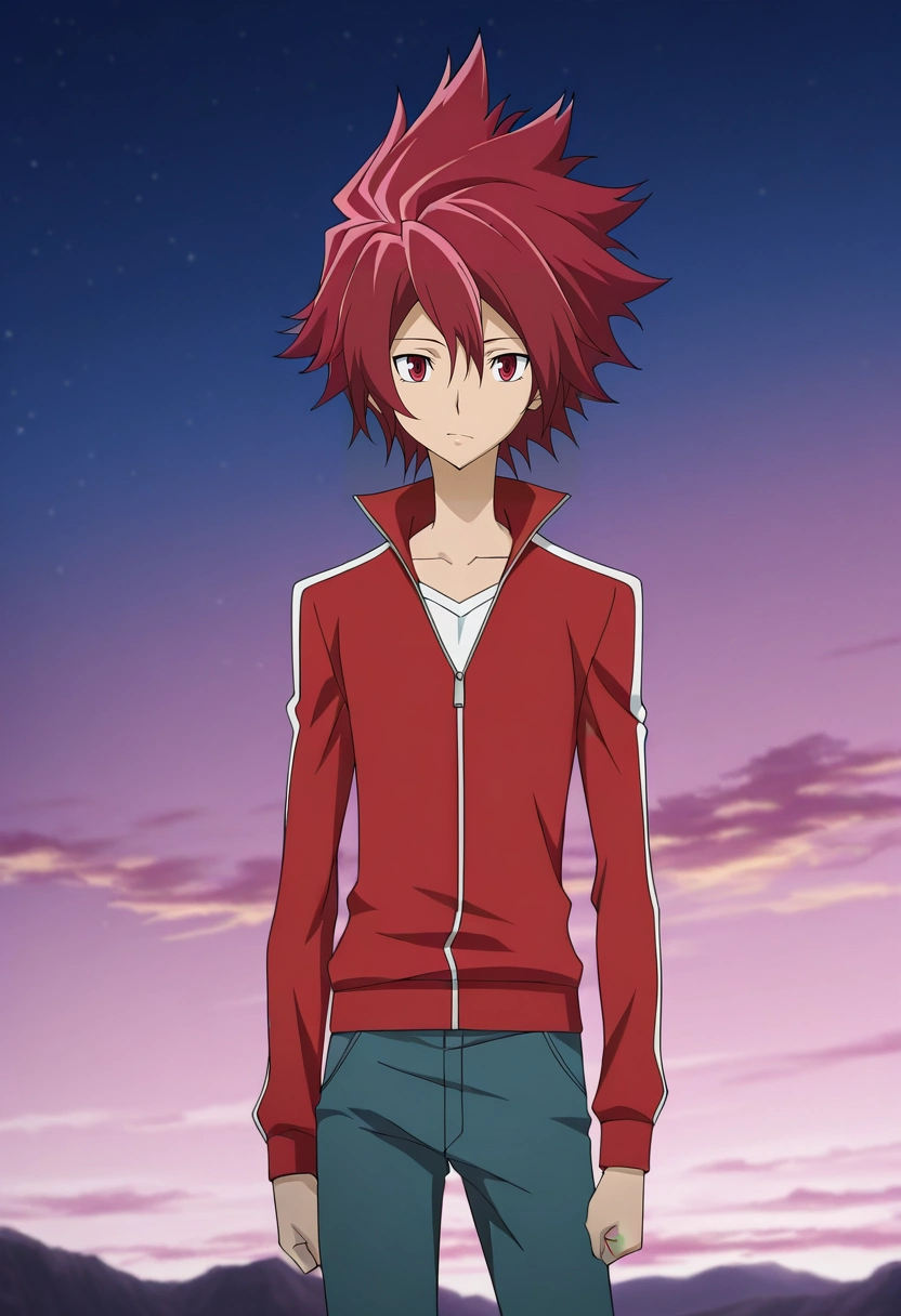masterpiece, best quality, anime screencap, official style, anime coloring, cowboy shot, 1boy, solo, male focus, <lora:takuto_tsunashi_ilxl:0.94>, takuto_tsunashi, red hair, red eyes, spiked hair, bangs, ,