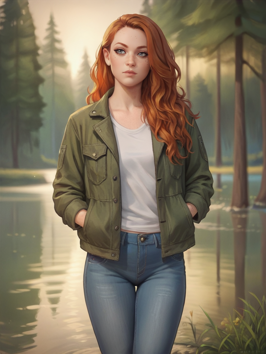 score_9. score_8_up, score_7_up, score_6_up, score_5_up, score_4_up,  <lora:3m1lyc4rrXLP:0.6> 3m1lyc4rr, forest, jeans, jacket, lake, Fr3ckles,1girl, freckles, grey eyes, long hair, ginger hair, <lora:Fr3ckledXLP:0.5>