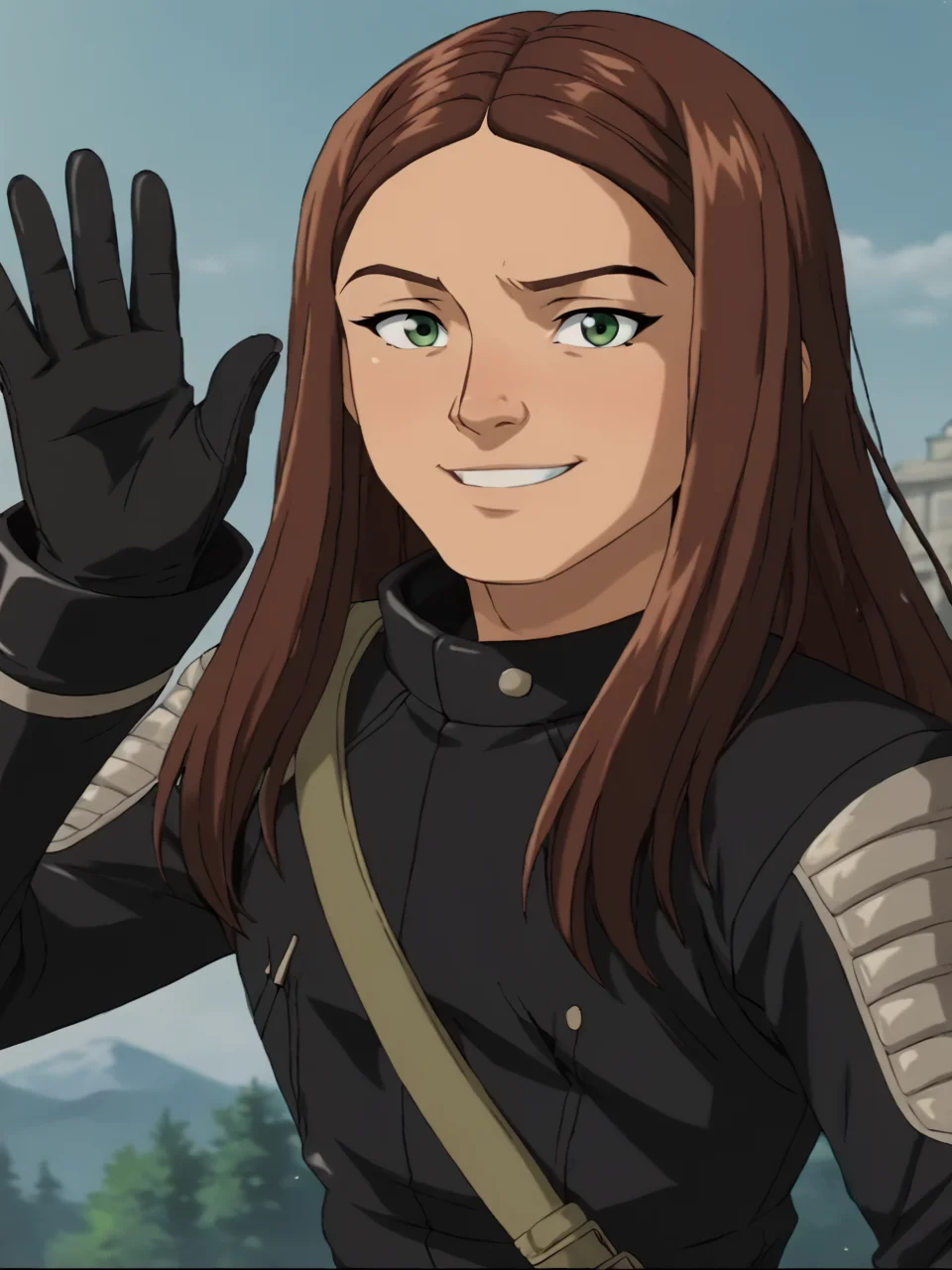 score_9, score_8_up, score_7_up, score_6_up, BREAK, X23, 1girl, solo, long hair, brown hair, green eyes, black gloves, black uniform, smile, upper body, raise left arm, day, outdoor, waving, looking at viewer, Volumetric Lighting <lora:X23-000009:0.8>
