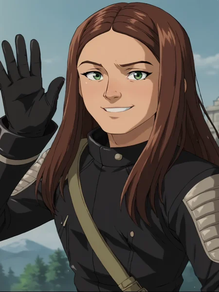 score_9, score_8_up, score_7_up, score_6_up, BREAK, X23, 1girl, solo, long hair, brown hair, green eyes, black gloves, black uniform, smile, upper body, raise left arm, day, outdoor, waving, looking at viewer, Volumetric Lighting <lora:X23-000009:0.8>