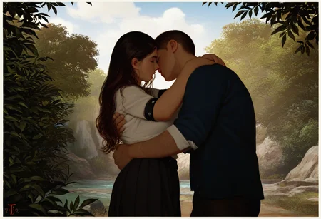 by thoma, 1boy, 1girl, hug, love, punk, scenery, low-angle, long-hair, cowboy-shot, general, newest, masterpiece, best quality, absurdres, highres, western-comics-\(style\)