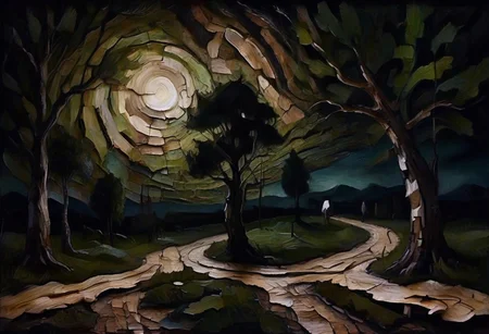 a surrealist painting of a dark meandering country road made out of (Jed-brk), night, birch trees, a dark human figure, green moonlight, swirly, ((stars)), dark-grasshrooms, dark, backlit, low key, sidelight, silhouette, depth of field, blurry foreground