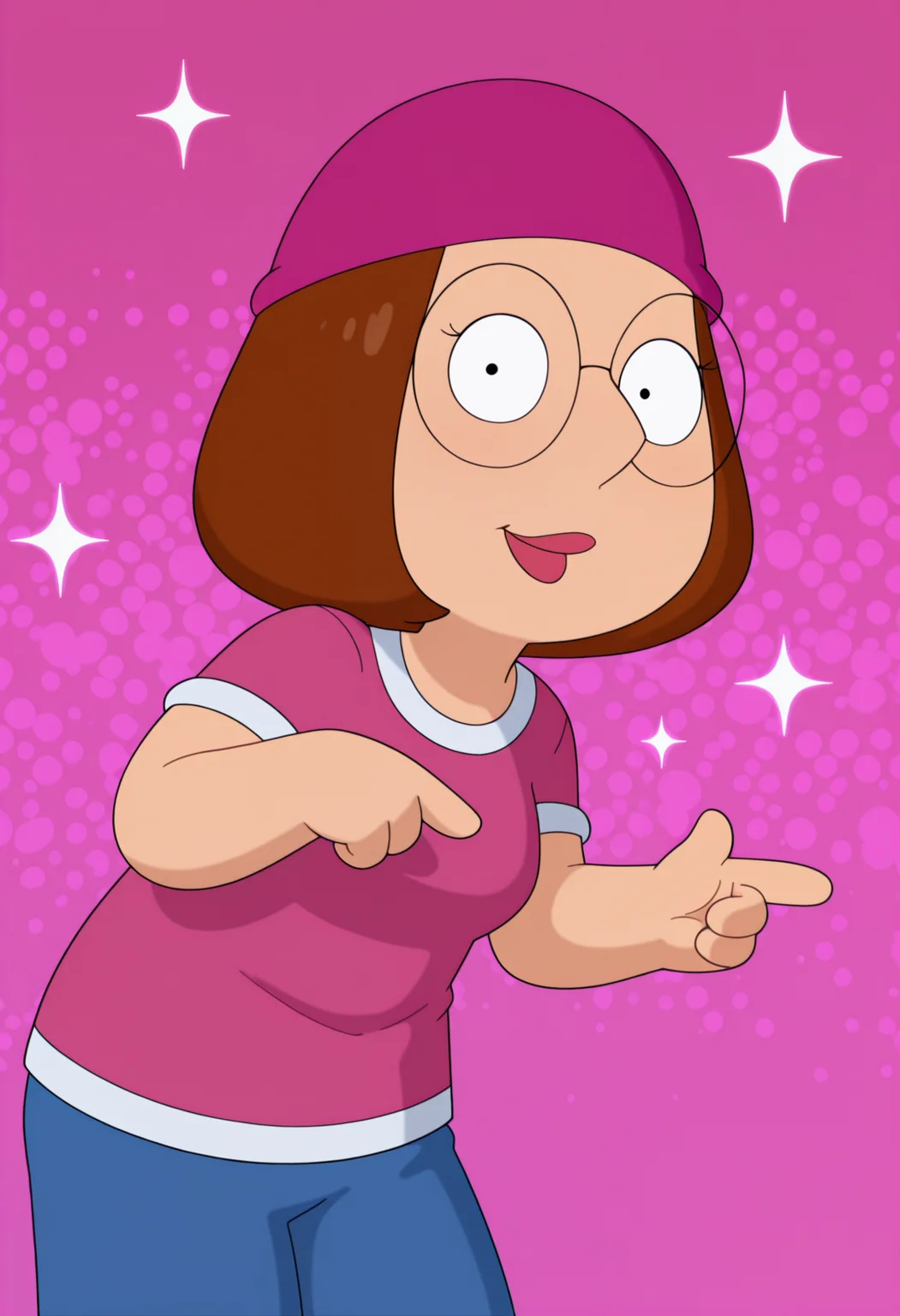 masterpiece, best quality, amazing quality, m3ggf, 1girl, brown hair, glasses, pink beanie, pink t-shirt, blue pants, pointing down, smile, looking at viewer, cowboy shot, pink background, (colorful sparkles background:0.8),