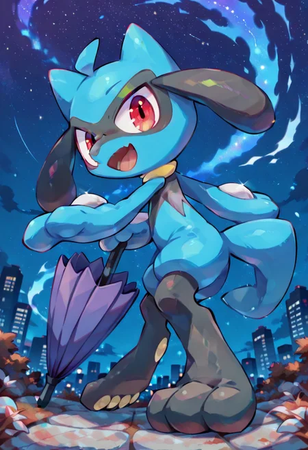 riolu, clothed pokemon, solo, tongue, open mouth, full body, looking at viewer, smile, skin fang,
masterpiece,best quality,amazing quality, newest, very awa,
from side,open stance,red eyes,ahoge,streaked hair, ready to draw,purple umbrella,iai,fighting stance,looking at viewer, outdoors,cityscape,night,starry_sky, foreshortening,chromatic aberration, safe