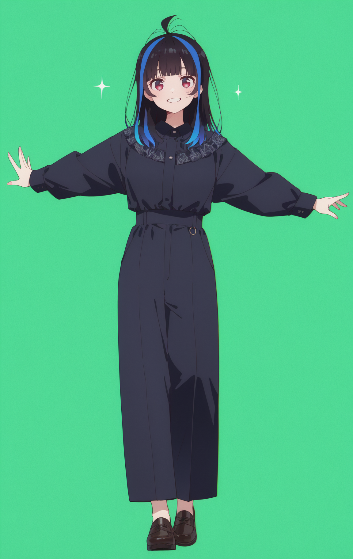 masterpiece,best quality,newest,absurdres,highres,
front view,full_shot,Relaxed and carefree smile,looking_at_viewer,
<lora:YaemoriMiniCYQL:1>,YaemoriMiniCYQL,1girl,solo,black hair,blue hair,long hair,blunt bangs,antenna hair,streaked hair,multicolored hair,red eyes,Raindrop patterned tops, high-waisted pants, loafers,
full body,standing,reaching_out,,
darkgreen background,simple background,
<lora:spo_sdxl_10ep_4k-data_lora_webui:0.7>,<lora:MinimalistFlatColorXL_byKonan:0.5>,<lora:96YOTTEA-WAI:0.8>,,