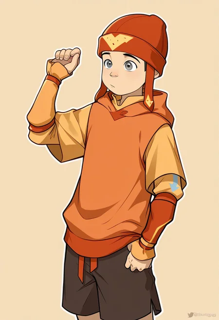masterpiece, absurdres, high quality, perfect anatomy, 1boy, solo, cute boy, male focus, Aang, Grey Eyes, beanie hat, blue arrow (symbol) on hat, hoodie, blue arrow (symbol) on sleeves, shorts, yellow red and orange clothing