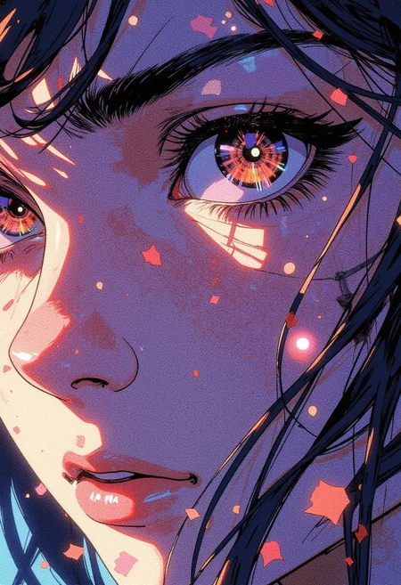 anime-style, close-up-face, surreal-glowing-eyes, intricate-pupil-design, ethereal-rainbow-reflections, expressive-emotional-stare, soft-pencil-shading, dreamlike-vivid-colors, loose-hair-in-motion, abstract-light-effects, intense-focus-on-eyes, cinematic-composition, lightly-blushed-cheeks, pastel-toned-palette, delicate-linework, melancholic-expression, hyper-detailed-eyelashes, vibrant-color-contrast, artistic-surrealism, immersive-anime-aesthetic