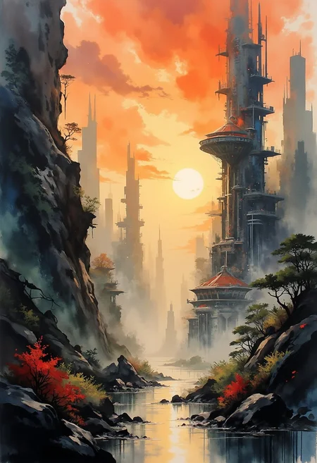 A dinkfsn style ink wash painting, in the style of ck-mgs, inkwash of an advanced sci-fi cityscape, with gleaming towers and skyscrapers, sunset