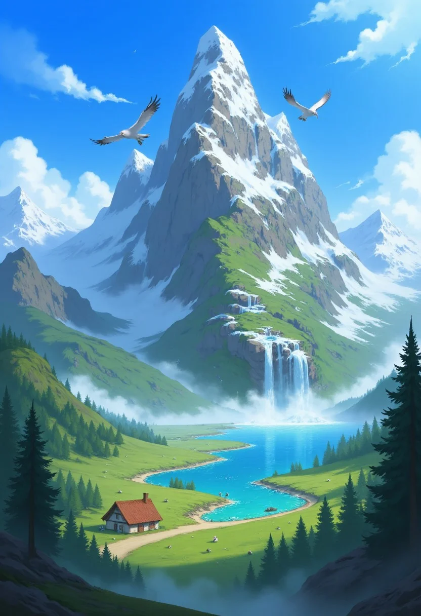 mystical mountain range where each peak is shaped like a mythical creature, dragons, phoenixes, and unicorns forming the mountain shapes, lush valleys dotted with crystal-clear lakes, brilliant blue sky above, clouds swirling around the mountain tops, distant sound of waterfalls echoing through the air, birds calling softly, serene, magical environment filled with a sense of wonder and ancient power,
aidmaIllustriousStyle