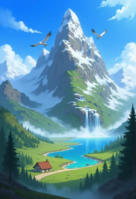 mystical mountain range where each peak is shaped like a mythical creature, dragons, phoenixes, and unicorns forming the mountain shapes, lush valleys dotted with crystal-clear lakes, brilliant blue sky above, clouds swirling around the mountain tops, distant sound of waterfalls echoing through the air, birds calling softly, serene, magical environment filled with a sense of wonder and ancient power,
aidmaIllustriousStyle