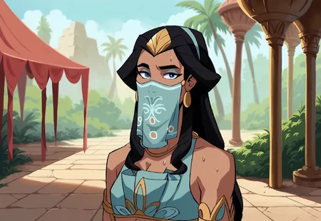 safe_pos, safe_pos, score_9_up, score_8_up, score_7_up, Antiope, solo, 1woman, long hair, black hair, blue eyes, makeup, lipstick, gerudo set, mouth veil, bracers, navel, looking at viewer, best quality, defined, outdoors, tropical island, market, palm trees, stalls, street, street market, best quality, sweat, happy, visible mouth, cleavage