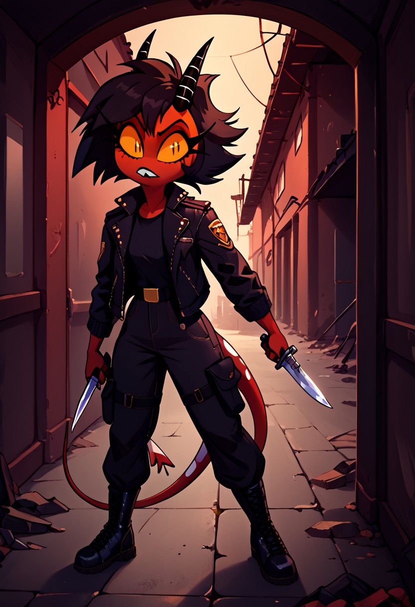 Millie, yellow sclera, slit pupils, red skin, black hair, short hair, horn, demon tail, demon girl, leather jacket, black cargo pants, army boots, KN1F3L1CKV1, holding_knife, knife, holding_weapon, bunker interior
score_9, score_8_up, score_7_up, score_6_up