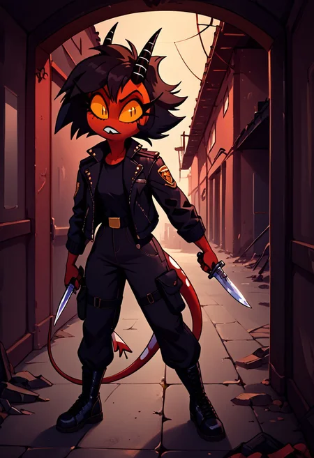 Millie, yellow sclera, slit pupils, red skin, black hair, short hair, horn, demon tail, demon girl, leather jacket, black cargo pants, army boots, KN1F3L1CKV1, holding_knife, knife, holding_weapon, bunker interior
score_9, score_8_up, score_7_up, score_6_up