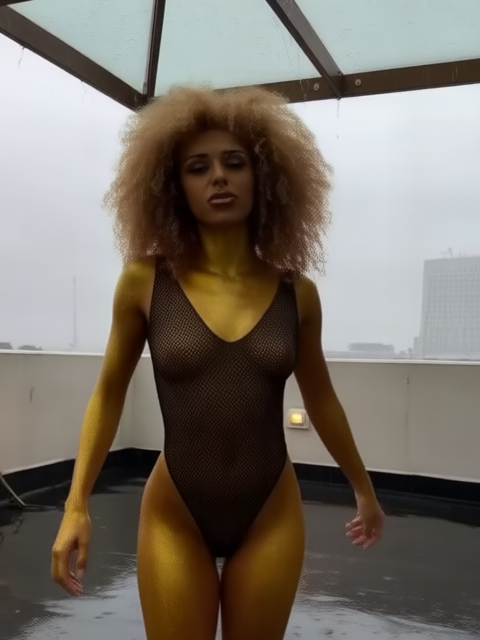 On a rain-slicked rooftop under gray clouds, a Puerto Rican woman with glowing golden skin and voluminous curly hair stands beneath a glass canopy. She wears a sleek, charcoal mesh lingerie set, clinging slightly from the moisture in the air. Her expression is bold, lips parted as rain taps softly above her. The camera rises from ground level in a fluid arc, settling into a medium shot that captures both her drenched silhouette and the glimmer of city lights reflected in puddles around her.