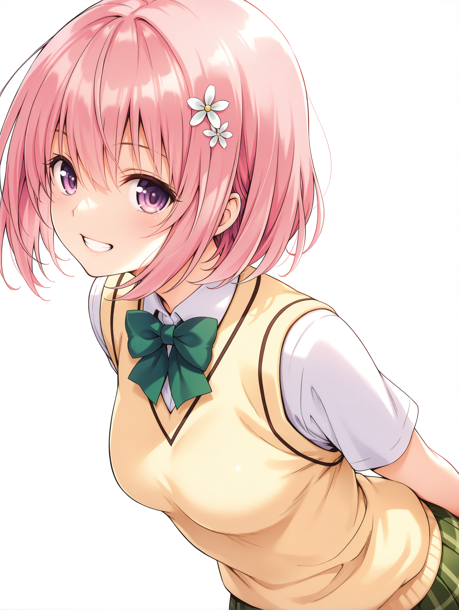 masterpiece,best quality,newest,
1girl,solo,
<lora:momo_ilxl_v2.4:1>,momo,pink hair,purple eyes,short hair,white flower hair ornament,
m_clothes,green bowtie,sweater vest,short_sleeves,green plaid skirt,
<lora:Fixhands_anime_bdsqlsz_V1:1>,white background,looking at viewer,simple background,face_focus,upper_body,looking_at_viewer,:o,profile,dynamic_angle,cinematic_angle,dutch angle,grin,arms_behind_back,leaning_forward,