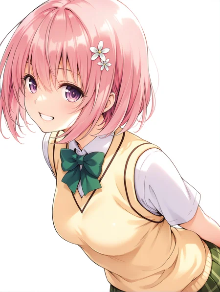 masterpiece,best quality,newest,
1girl,solo,
<lora:momo_ilxl_v2.4:1>,momo,pink hair,purple eyes,short hair,white flower hair ornament,
m_clothes,green bowtie,sweater vest,short_sleeves,green plaid skirt,
<lora:Fixhands_anime_bdsqlsz_V1:1>,white background,looking at viewer,simple background,face_focus,upper_body,looking_at_viewer,:o,profile,dynamic_angle,cinematic_angle,dutch angle,grin,arms_behind_back,leaning_forward,