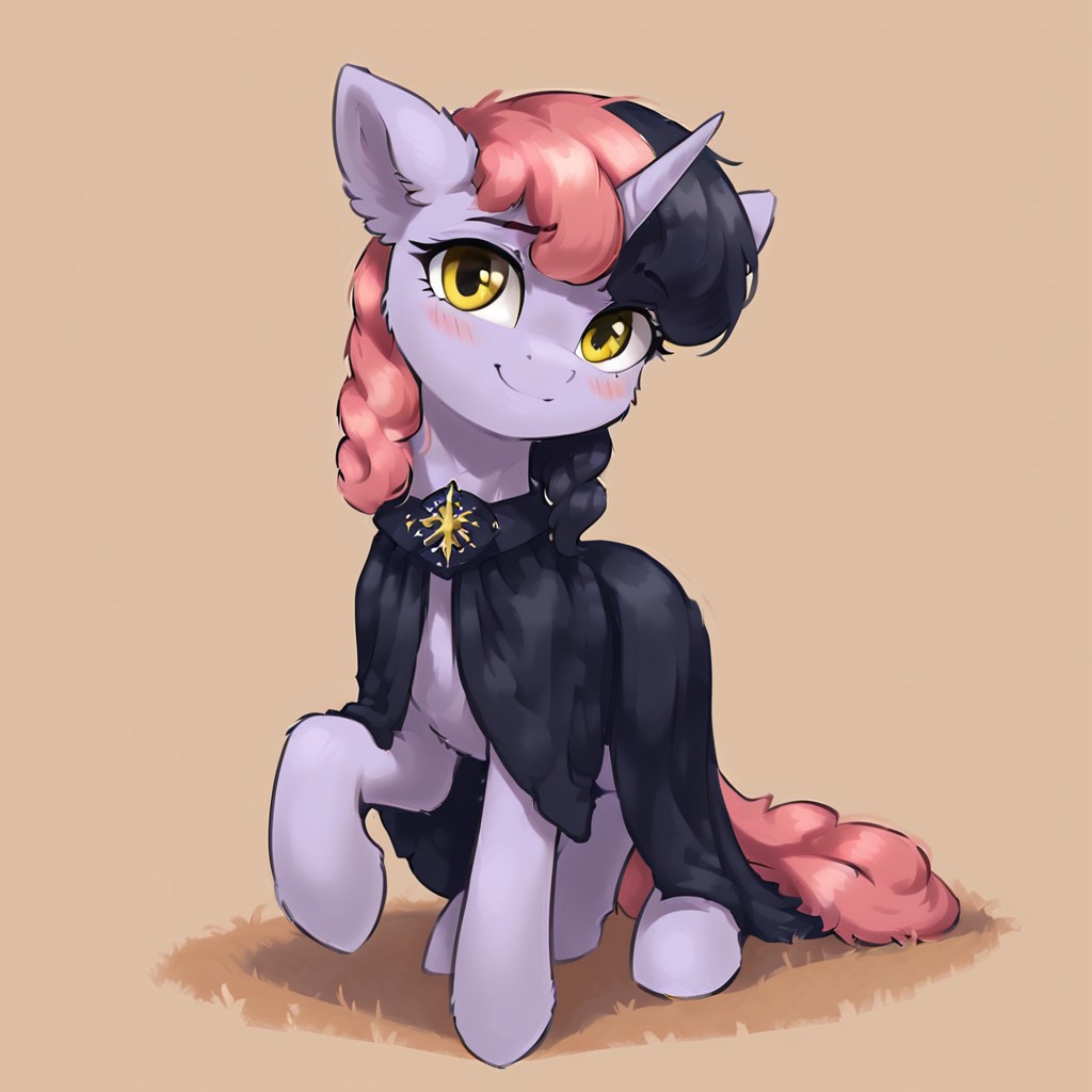 masterpiece, score_9, score_8_up, score_7_up, (best quality:1.1), ultra-detailed, high resolution, 1character, solo, Shinespark, pony, unicorn, feral, female, mare, (((beautiful detailed yellow eyes))), eyelashes, eyebrows, fluffy  pony ears, horn, tail, light lavender skin, two toned mane, pastel pink mane, black mane, black cloak, smile, blush, closed mouth, highly Visible, full body, sharp focus, perfect lighting, shadow, anatomically correct, extremely detailed, high detail, cute face, expressiveh, simple background