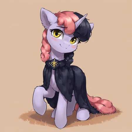 masterpiece, score_9, score_8_up, score_7_up, (best quality:1.1), ultra-detailed, high resolution, 1character, solo, Shinespark, pony, unicorn, feral, female, mare, (((beautiful detailed yellow eyes))), eyelashes, eyebrows, fluffy  pony ears, horn, tail, light lavender skin, two toned mane, pastel pink mane, black mane, black cloak, smile, blush, closed mouth, highly Visible, full body, sharp focus, perfect lighting, shadow, anatomically correct, extremely detailed, high detail, cute face, expressiveh, simple background