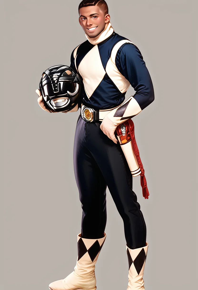 (score_9:0.9),score_8_up,score_7_up,anime style,rating_safe,(zPDXL),<lora:Black Ranger ponyXL v3.5:0.96> ,black ranger, 1boy, male focus, solo, helmet, full body, holding, standing, transparent background, holding, solo, looking at viewer, headwear removed, holding helmet, helmet removed, short hair, teeth, smile, dark skinned male, argyle,