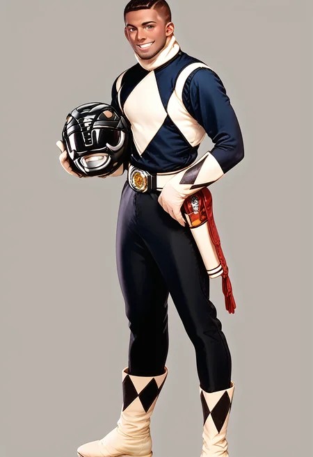 (score_9:0.9),score_8_up,score_7_up,anime style,rating_safe,(zPDXL),<lora:Black Ranger ponyXL v3.5:0.96> ,black ranger, 1boy, male focus, solo, helmet, full body, holding, standing, transparent background, holding, solo, looking at viewer, headwear removed, holding helmet, helmet removed, short hair, teeth, smile, dark skinned male, argyle,