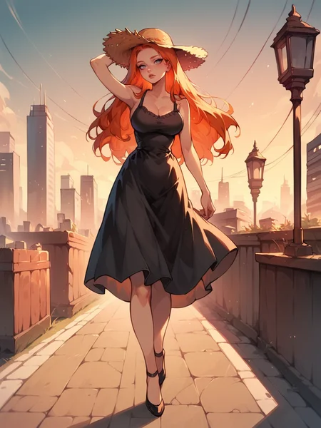 score_9, score_8_up, score_7_up, score_6_up, 1girl, long hair, <lora:g4n1m3XLP:1> g4n1m3, full body, sexy, ginger hair, city, sunset, grey eyes, large breasts, plump, dark red sundress, straw hat,