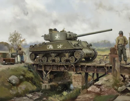 oil painting of battle field, tank of us army passing over a bridge, the European landscape of 1944, the weight of steel is carefully depicted. <, <lora:m4a3-76:0.8>m4a3-76, <lora:Flux.1_Turbo_Detailer:0.7>,