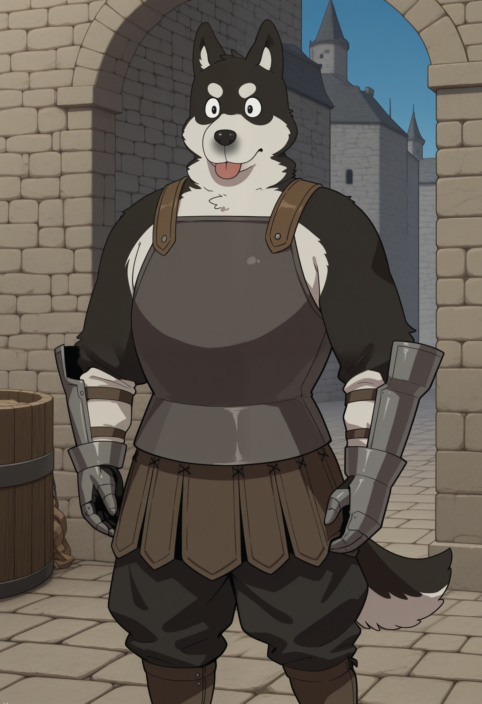 masterpiece,best quality,amazing quality, 1boy,kur0, black pants, breastplate, dog boy, tail, gauntlets, pteruges, castle grounds,