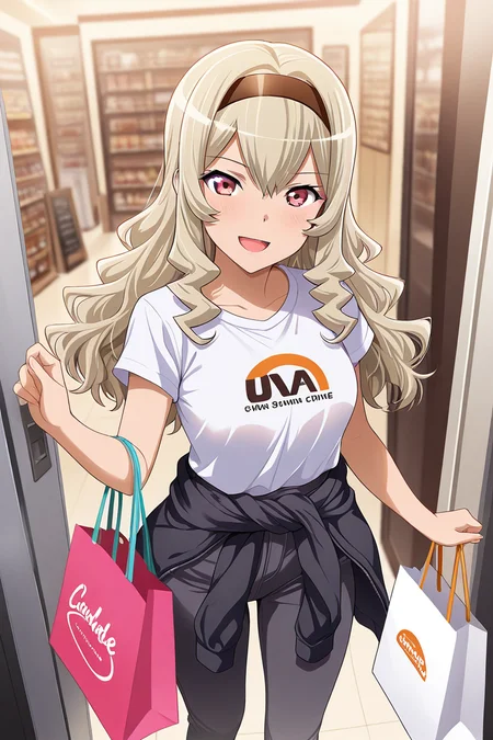 masterpiece, best quality, amazing quality,
<lora:Claudine_IL:1> claudine, 1girl. solo, clothes around waist, shirt, pants, blonde hair, white shirt, hairband, bag, open mouth, smile, shopping bag, long hair, hood, looking at viewer, bangs,