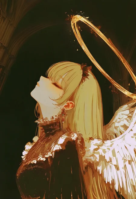 1girl, solo, halo, wings, long hair, angel wings, earrings, angel, jewelry, upper body, closed eyes, feathered wings, dress, bangs, blonde hair, from side <lora:748cmXL_NBVP1_lokr_V6311PZ:0.95>