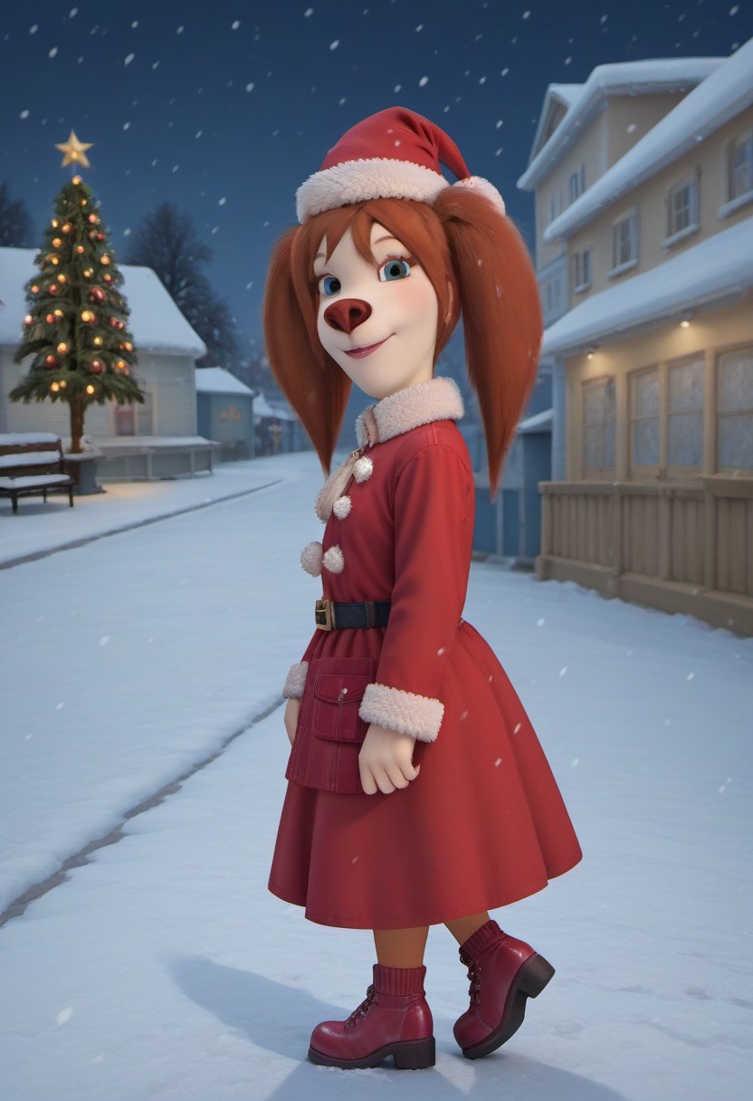 score_9, score_8_up, score_7_up, score_6_up street background, big beautiful christmas tree, outdoors, winter, snowing, night, snow
1girl, solo, skinny, Liza_Barboskina, dog anthro, female dog, dog, small boobs, sansta claus coat, santa claus hat, full body view, looking at viewer, seductive look, sexy pose, standing, 3/4 side view