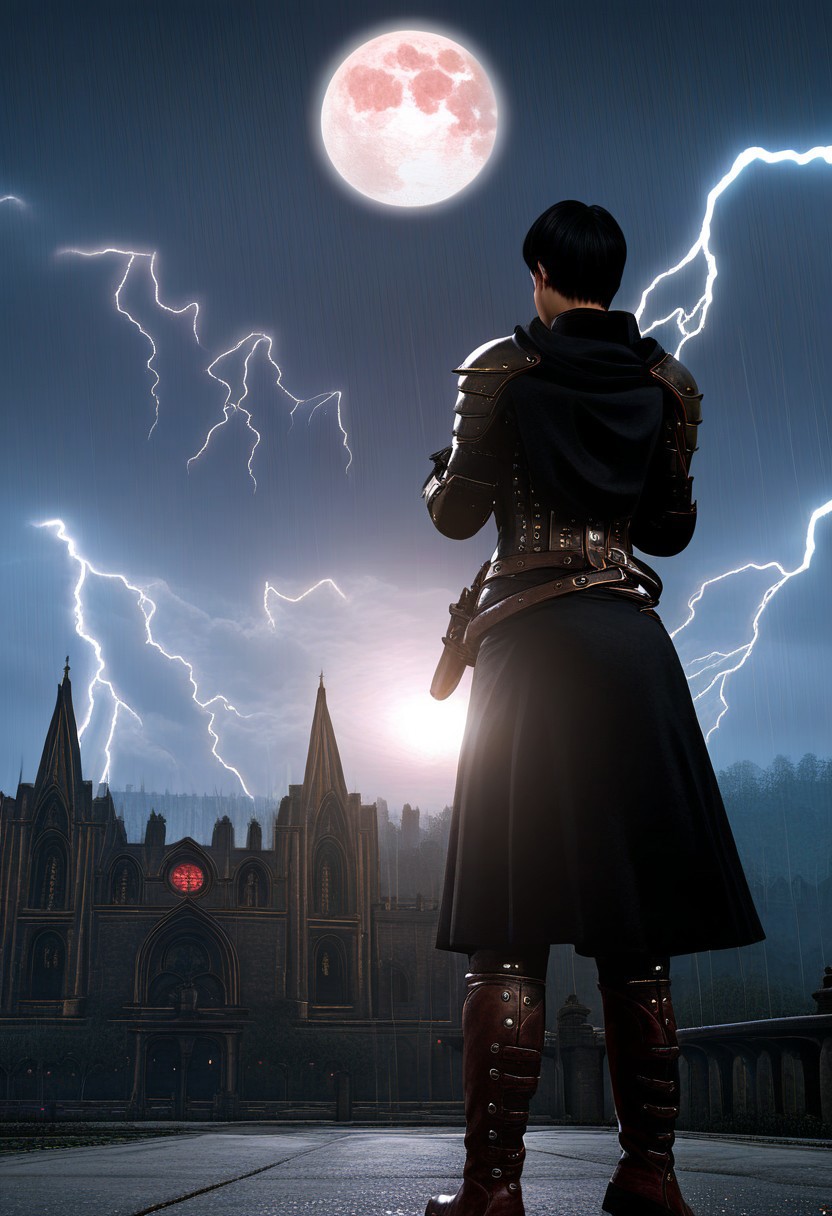 (Realistic, High Resolution, High Detail, Gritty, 4k, Masterpiece, Photorealistic),
(1girl, solo, gauntlets, belt, scabbard, armor, shoulder cape, knight, unsheathing:2.5, Sword:2.5, Female, Very Long Braid, Black Hair, Brown Eyes, Beauty Mark, Eyeshadow, Shot From Below, Looming Over Viewer),
(Skirt, Pants, Boots),
(Detailed Eyes, Head Turned Away, Eye Contact, Smug, Raised Brow),
(Church Background, Dark Clouds:1.9, Storm, Wind:1.9, Lightning:0.9, Backlighting, Red Moon, Backlit, Night Sky:1.9, Darkness:1.9, Torches)