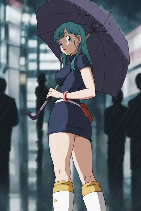 source_anime, score_9, score_8_up, score_7_up, anime screencap, absurd res,
bulma, dragon ball \(classic\), 23rd, blue dress outfit, official style, 1girl, solo, long hair, looking at viewer, blue eyes, holding, blurred background, ass, earrings, boots, looking back, blue dress, bracelet, aqua hair, umbrella, short dress, rain, holding umbrella, blue dress, belt, fingernails, fringe trim, lipstick, eyebrows, eyelashes, from below, pink bracelet, raised eyebrows, white footwear, yellow legwear, socks, shoulder length hair
<lora:DB_Bulma_v2-000046:0.8>