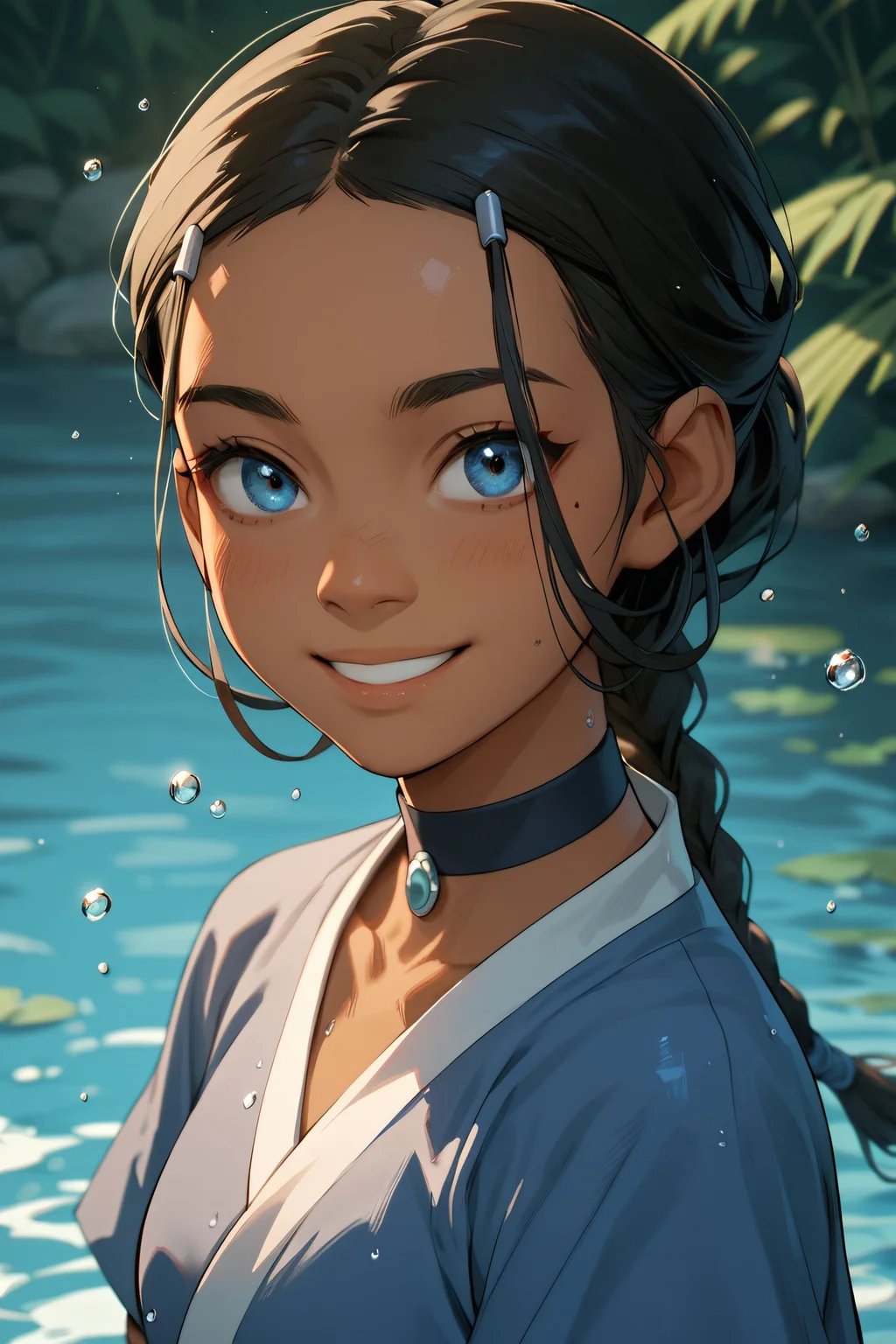 zPDXL3,<lora:Katara_-_Avatar_PonyXL:.8>
ka_tara, dark skinned female, blue eyes, black hair, hair ornament, choker, braid, blue clothes, looking at viewer, smiling, water drop, close up,