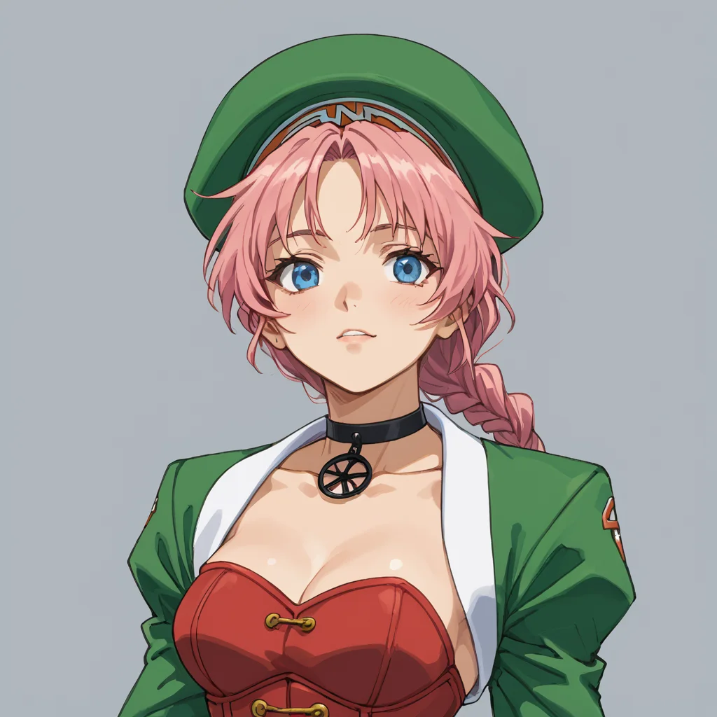 score_9, score_8_up, score_7_up, score_6_up, score_5_up, rating_questionable, source_anime BREAK 1girl, solo, upper body, portrait, WendyRyan, PF2Outfit, Green Cropped Jacket, Green Beret, BREAK choker, red pantyhose, red corset, skirt, twin braided ponytail, choker, <lora:WendyRyan_SDXL-000005:1.0>