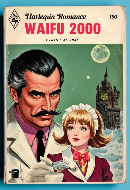 Harlequin Romance Book Cover for ”WAIFU 2000” by author ”Al Oone”. The cover features a vintage pulp illustration of a mad scientist with a mustache in his lab, and a holographic anime 1girl wearing a maid’s outfit appearing from a hologram device