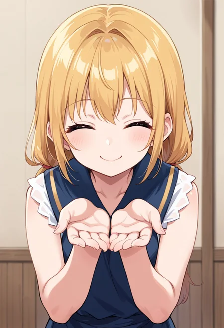 score_9, 1girl, smile, closed eyes, cute, cupping hands, solo focus, own hands together